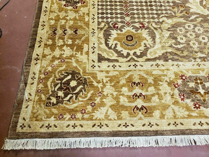 Pak Peshavar Chobi Agra Wool Carpet 10x14 Handmade Floral Pattern Rug Coffee Brown Gold