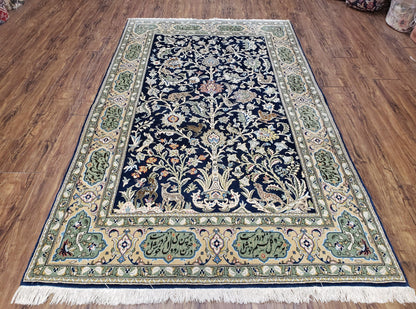 Persian Qum Tree Of Life Rug Hand Knotted Wool Midnight Blue And Tan With Poem Borders 4ft 8in By 7ft 8in