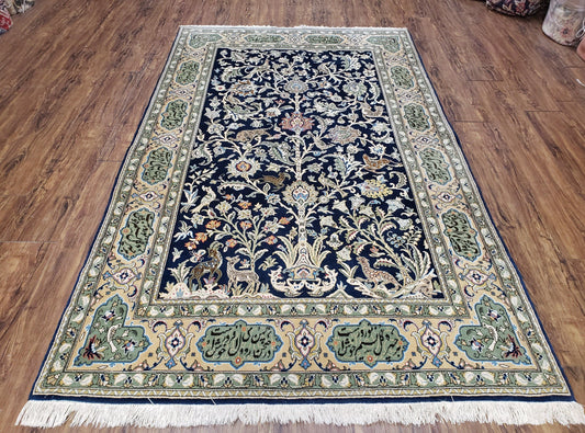 Persian Qum Tree Of Life Rug Hand Knotted Wool Midnight Blue And Tan With Poem Borders 4ft 8in By 7ft 8in