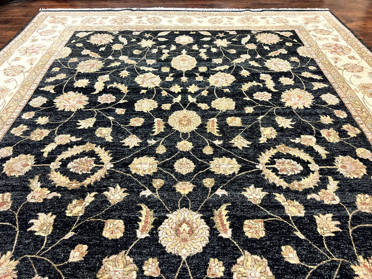 Indo Persian Rug 10x14, Charcoal and Beige, Floral Allover, Handmade Vintage Wool Carpet