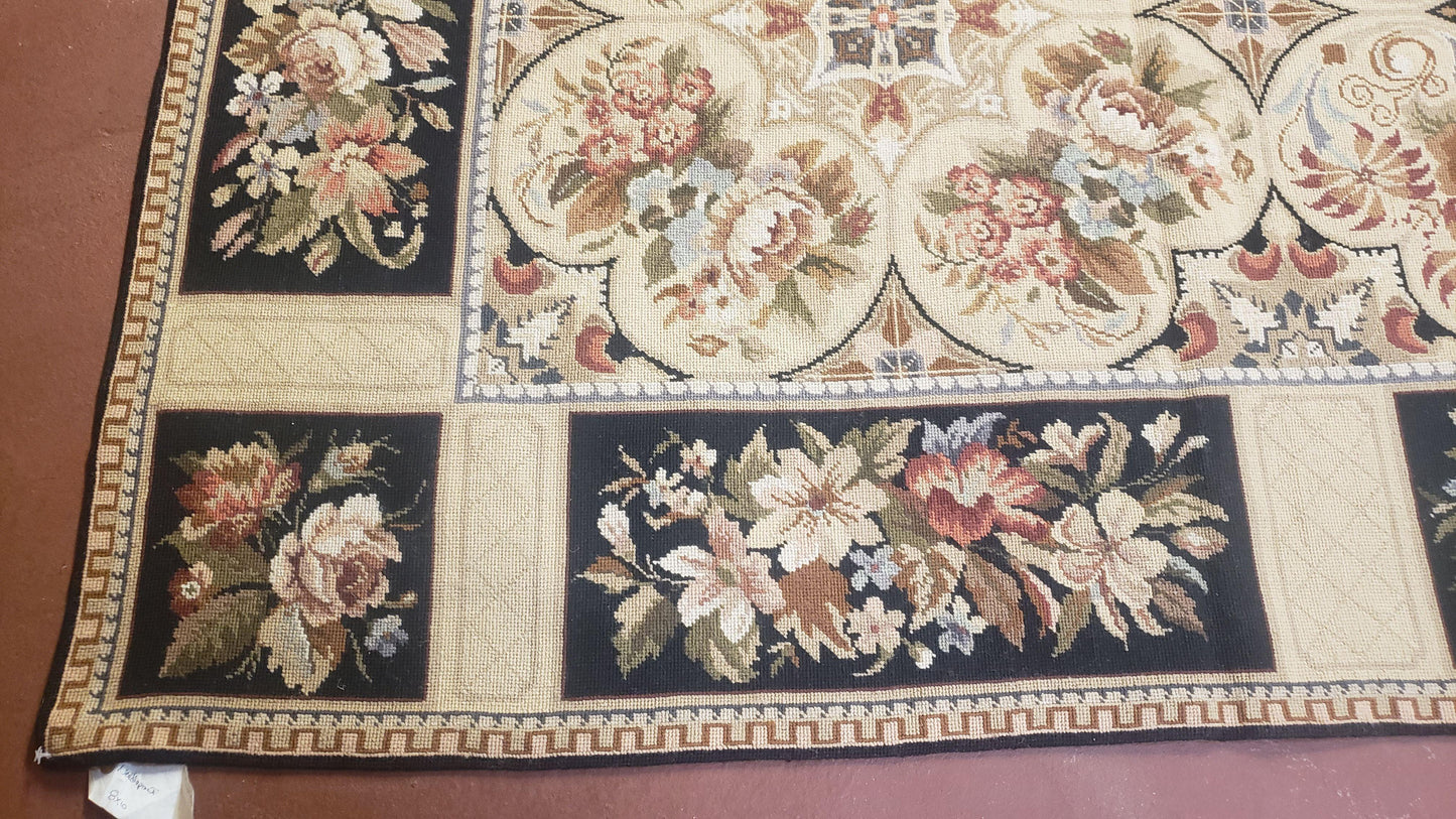 Needlepoint Rug 8x10ft Hand Knotted Wool Aubusson Flower Design Area Rug