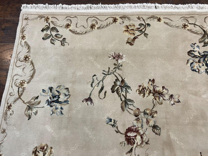 Handmade Chinese Aubusson Wool and Silk Rug 8x10 Vintage Beige Floral European Design