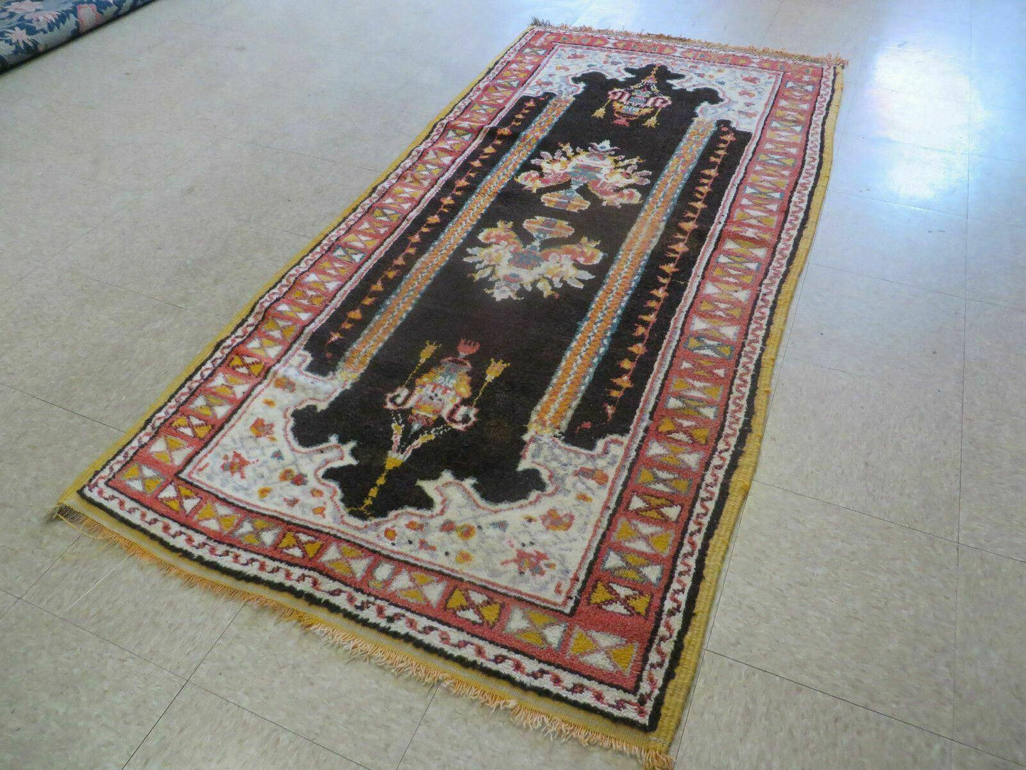 Antique Moroccan Runner Rug 3x7, Moroccan Prayer Rug, Double Mehrab Prayer Arches, Black and Red, Hand-Knotted Wool Carpet, Hallway Rug Nice