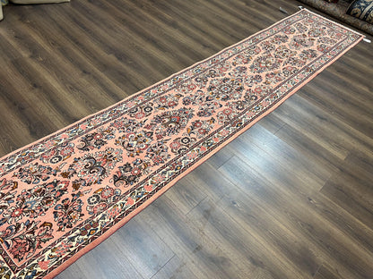 Persian Runner Rug 2.9 x 13.6, Semi Antique Vintage Persian Sarouk Hallway Rug, Wool Oriental Runner, Salmon and Cream, Floral Allover Hand Knotted