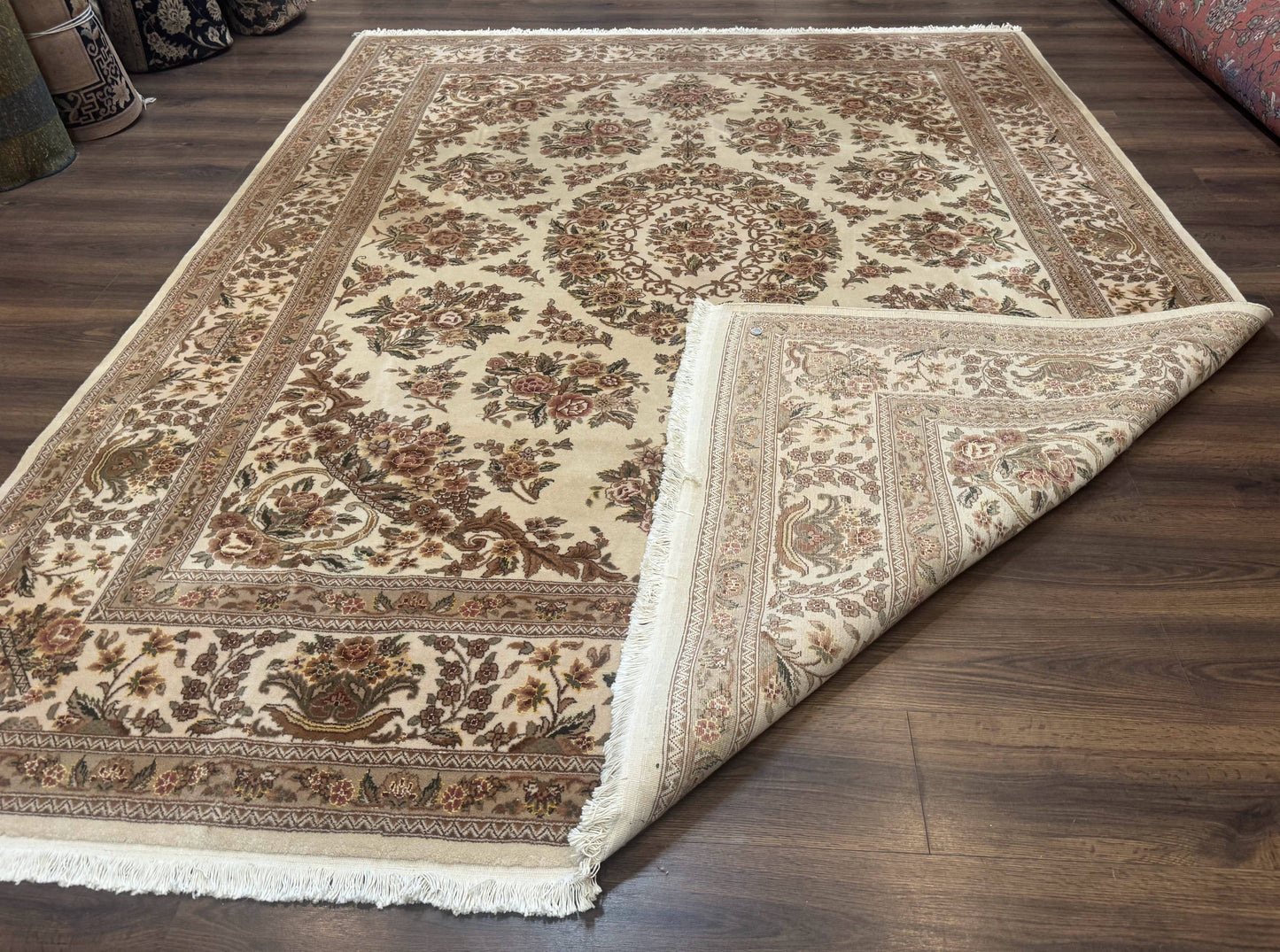 Sino Persian Rug 8x10, Floral, Elegant, Fine 225 KPSI, Beige, Wool & Silk