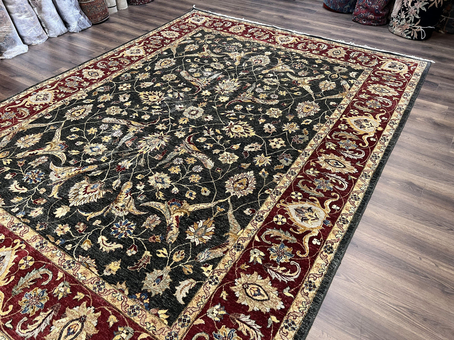 Pak Persian Mahal Rug 9x12, Allover Floral Pakistani Oriental Carpet 9 x 12, Wool Hand Knotted Area Rug, Dark Slate Gray-Black and Maroon