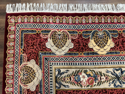 Aubusson Rug 10x14 Vintage Hand Knotted Wool Red Maroon Elegant Fine 200 KPSI