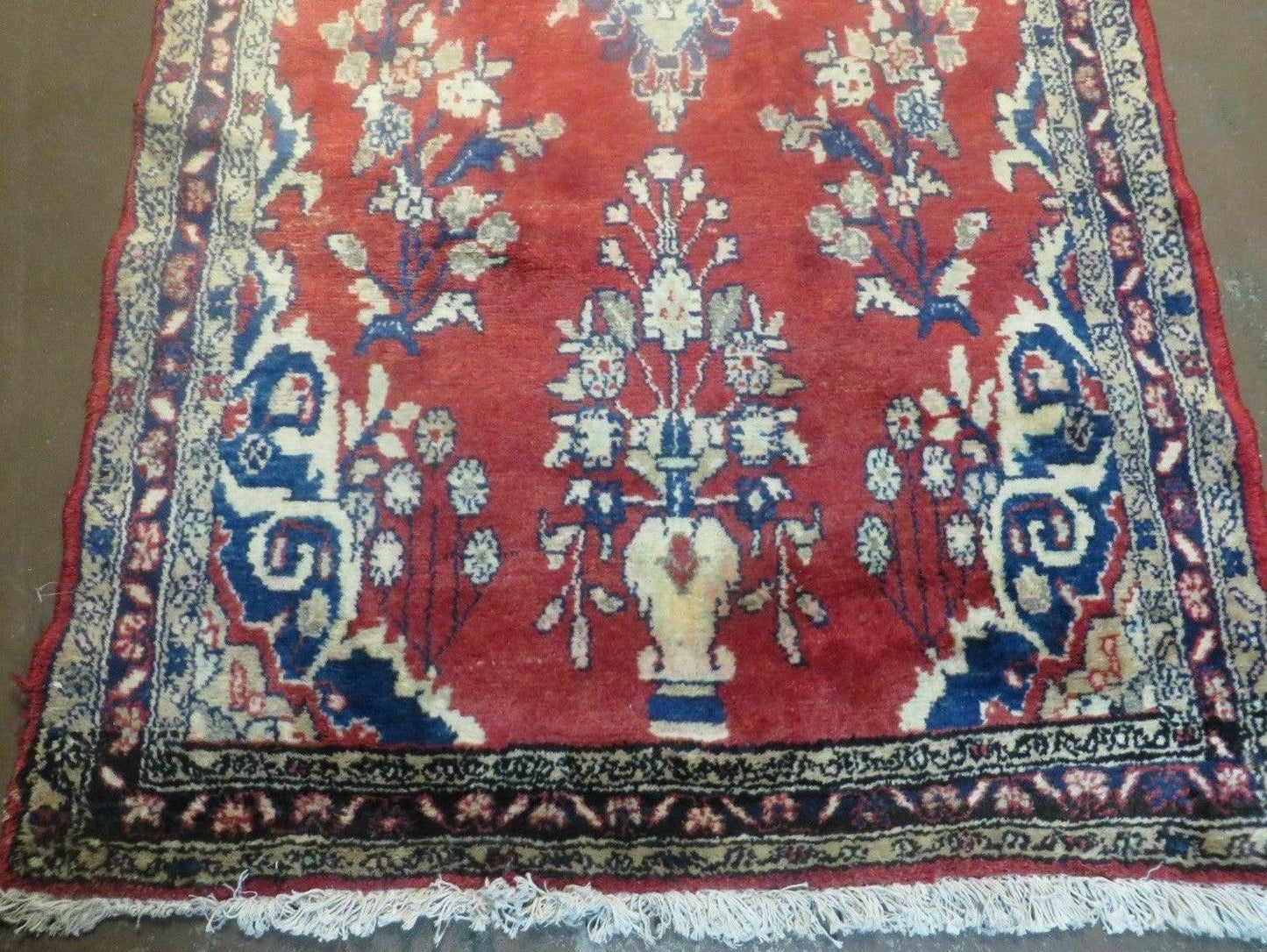 Persian Runner Rug 3 x 12, Antique Wool Oriental Runner, Floral Vases, Red & Navy Blue