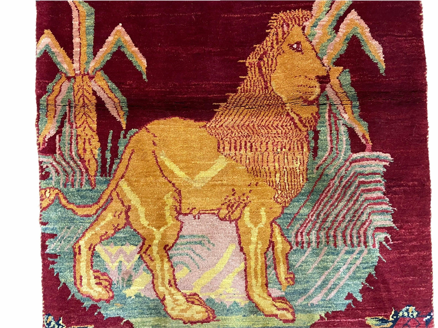 Handmade Wool Rug 3x5 Vintage Lion Pictorial Jungle Rug With Natural Dyes