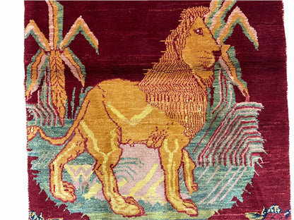Handmade Wool Rug 3x5 Vintage Lion Pictorial Jungle Rug With Natural Dyes