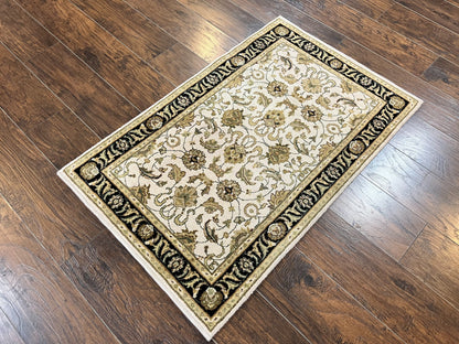 Small Indo Mahal Rug Hand Knotted Wool Vintage Oriental Carpet Beige Tan Black