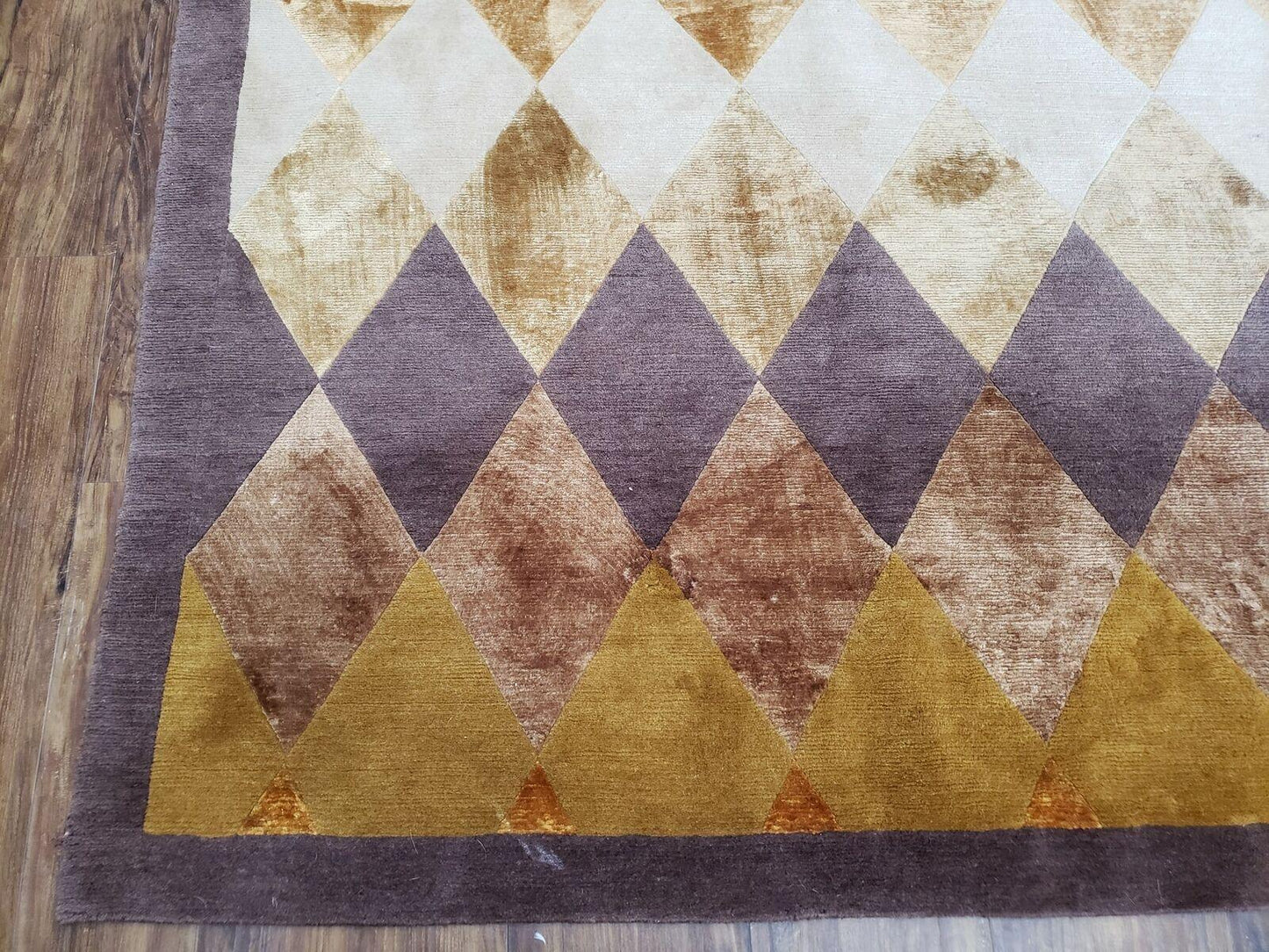 Hand Knotted Tibetan Rug 8.6 x 11 Wool and Silk Multicolor Diamond Panel Design