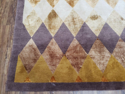 Hand Knotted Tibetan Rug 8.6 x 11 Wool and Silk Multicolor Diamond Panel Design