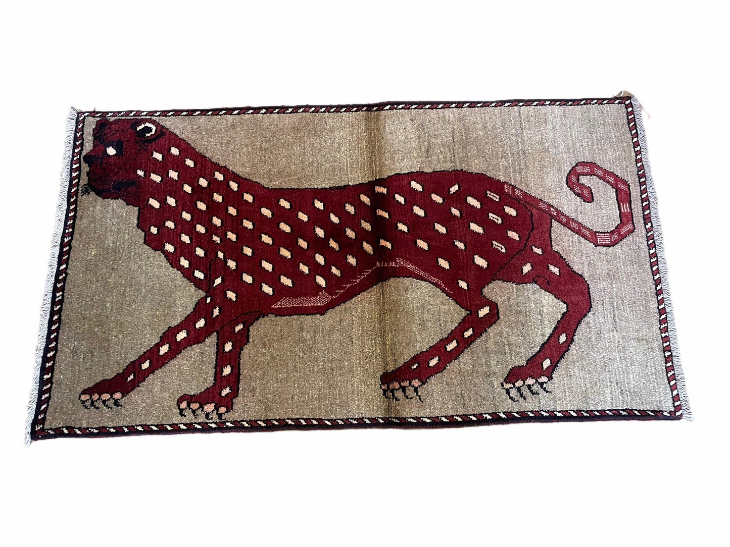 Leopard Wool Rug Handmade Hand Knotted Vintage Burgundy Beige Area Rug