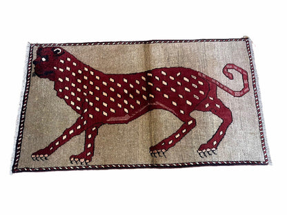 Leopard Wool Rug Handmade Hand Knotted Vintage Burgundy Beige Area Rug