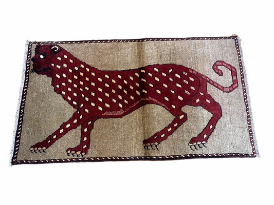 Leopard Wool Rug Handmade Hand Knotted Vintage Burgundy Beige Area Rug