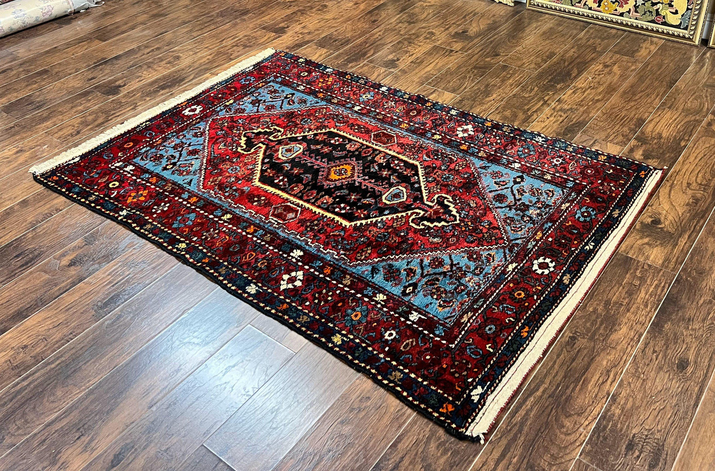 Antique Persian Tribal Rug 4x7, Wool Handmade 1920s Carpet, Red Blue, Persian Hamadan Rug