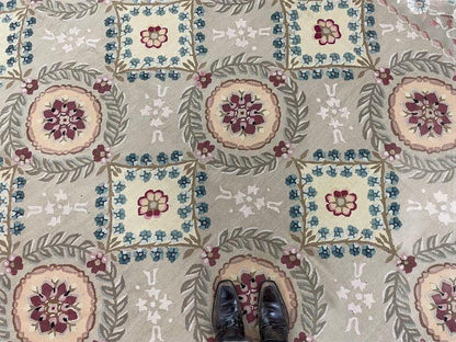 Needlepoint Carpet 9x13 Hand Knotted Beige Floral French European Style