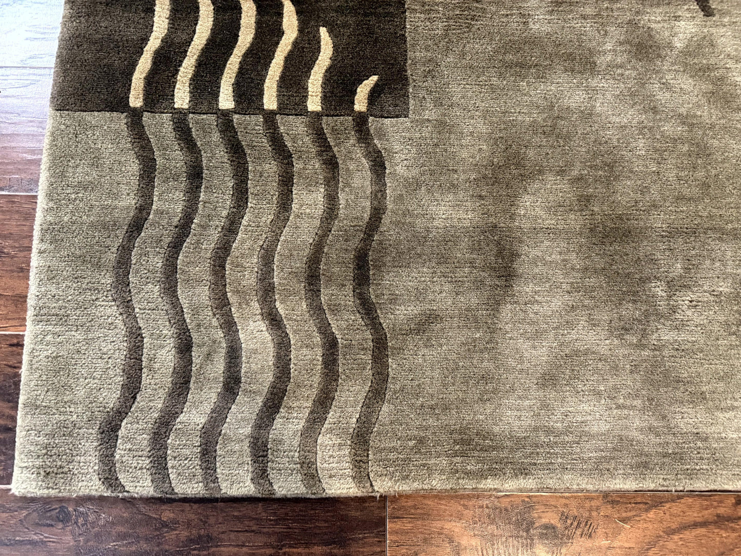 Modern Tibetan Wool Rug 3.6 x 5.6, Shades of Green, Abstract Design