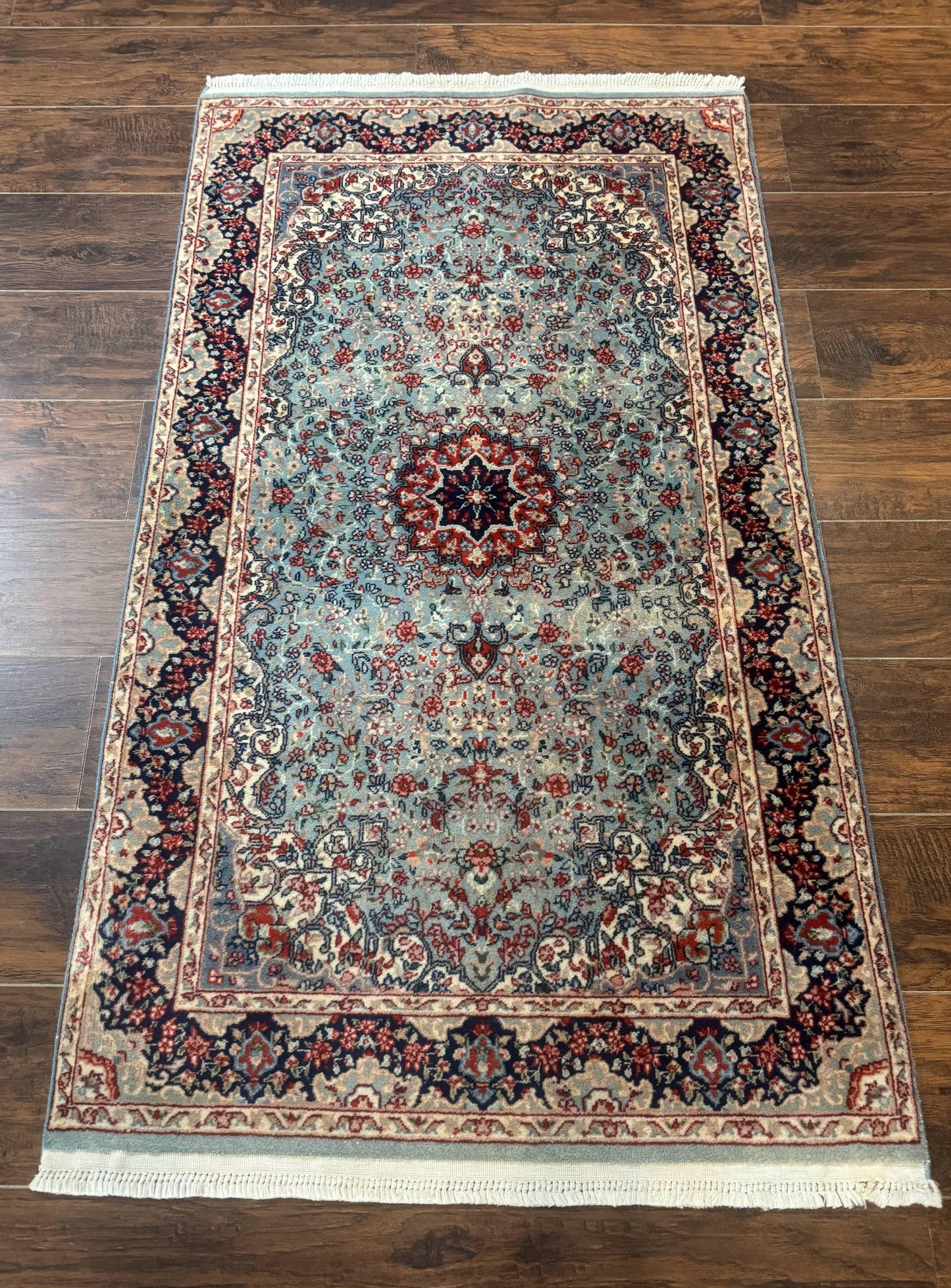 Indo Persian Kerman Rug 3x5 Light Blue Floral Medallion Handwoven Wool