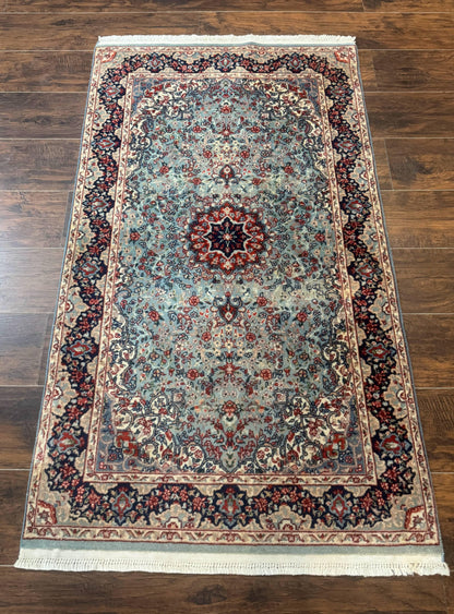 Indo Persian Kerman Rug 3x5 Light Blue Floral Medallion Handwoven Wool