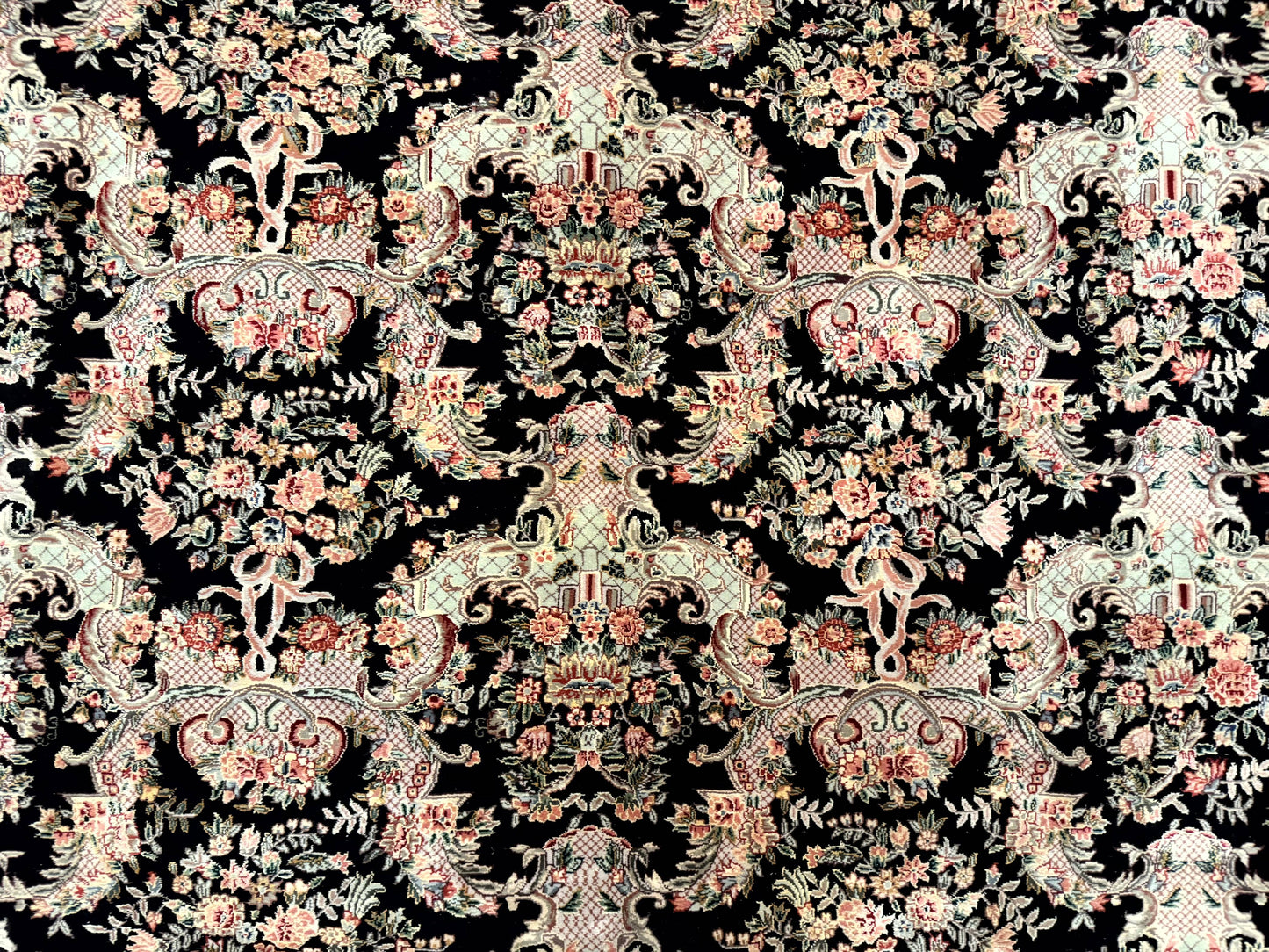 Sino Persian Rug 9x12 Black Floral Bouquets Vintage Hand Knotted Wool Silk