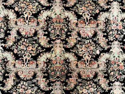 Sino Persian Rug 9x12 Black Floral Bouquets Vintage Hand Knotted Wool Silk