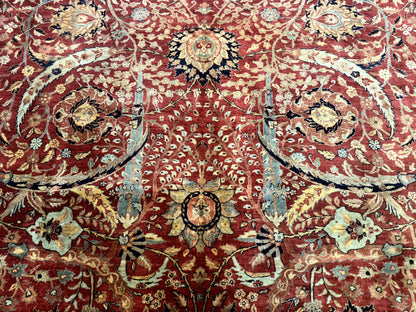 Indian Agra Rug 9x11, Terracotta and Navy Blue, Sickle Leaf Rug