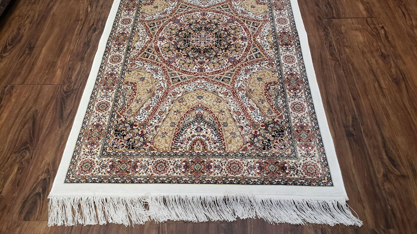 Persian Design Silk Accent Rug, Dome Medallion, Allover Pattern Oriental Carpet, Small Silk Rug, Cream, Ivory, Bamboo Silk, 2' 8" x 4' 1"
