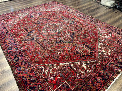 Persian Heriz Rug 7x10, Geometric Pattern, Red Ivory Navy Blue
