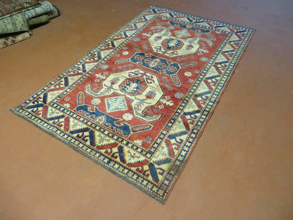 Vintage Turkish Kazak Wool Rug Handmade 4x6 Pattern Carpet Natural Dyes