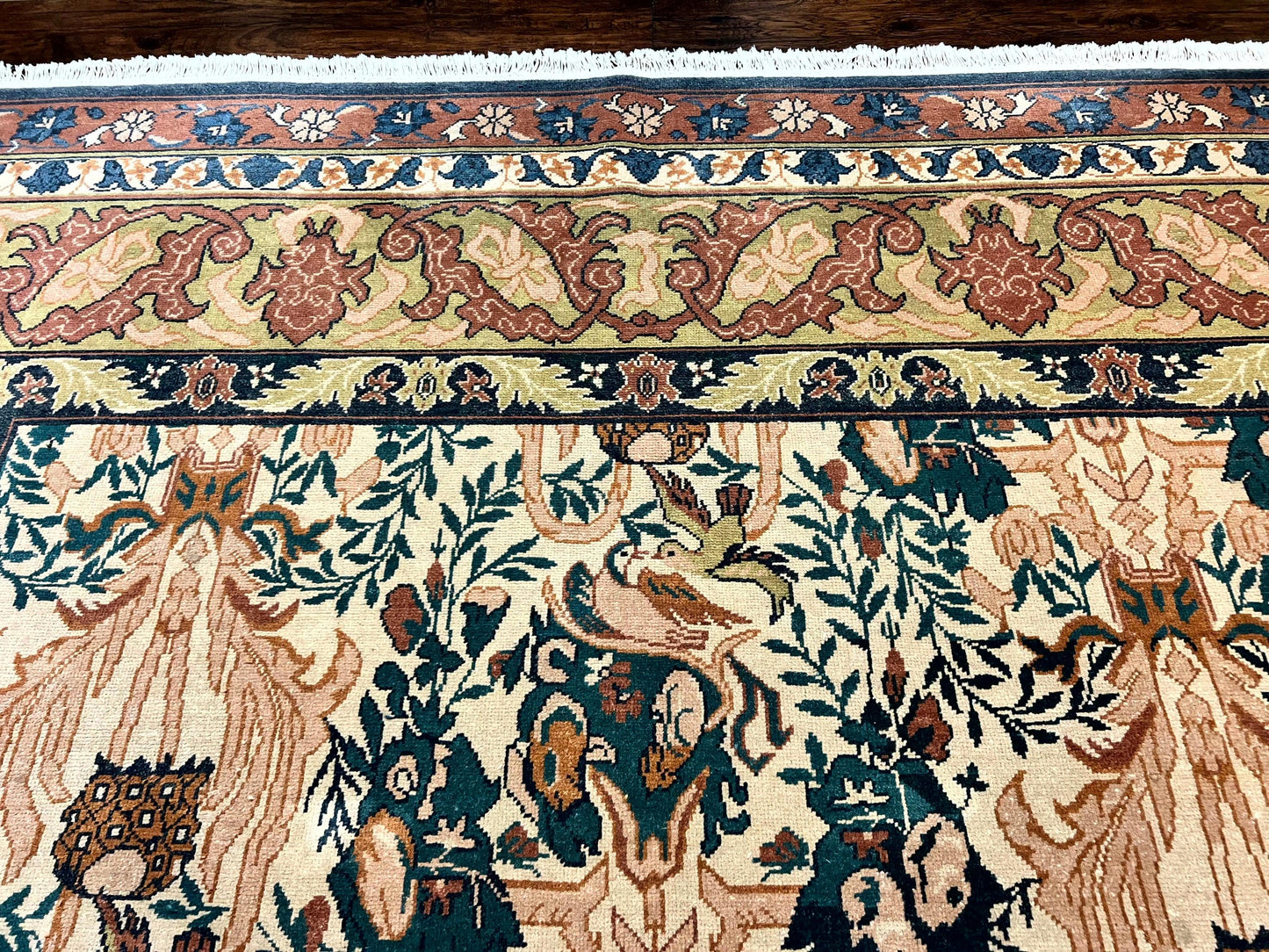 Handmade Vintage Wool Rug 10x13 Floral Birds Beige Couristan