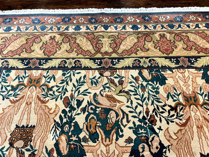 Handmade Vintage Wool Rug 10x13 Floral Birds Beige Couristan