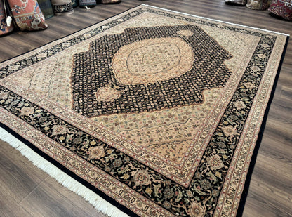 Sino Persian Rug 8x10, Herati Mahi Pattern, Fine 170 KPSI, Black, Wool and Silk Highlights