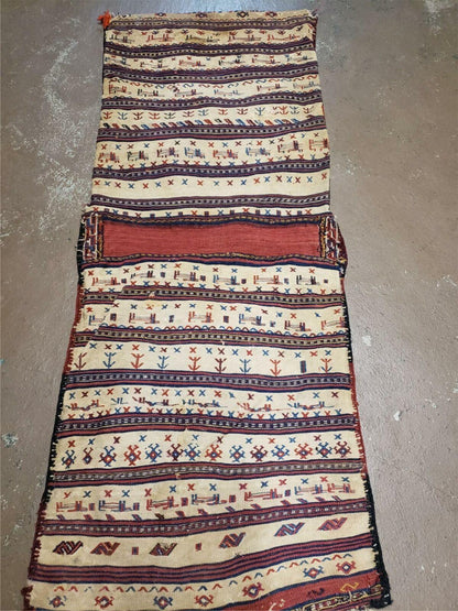 Antique Handmade Tribal Wool Rug 26x56 Inches Tobreh Double Bag Authentic