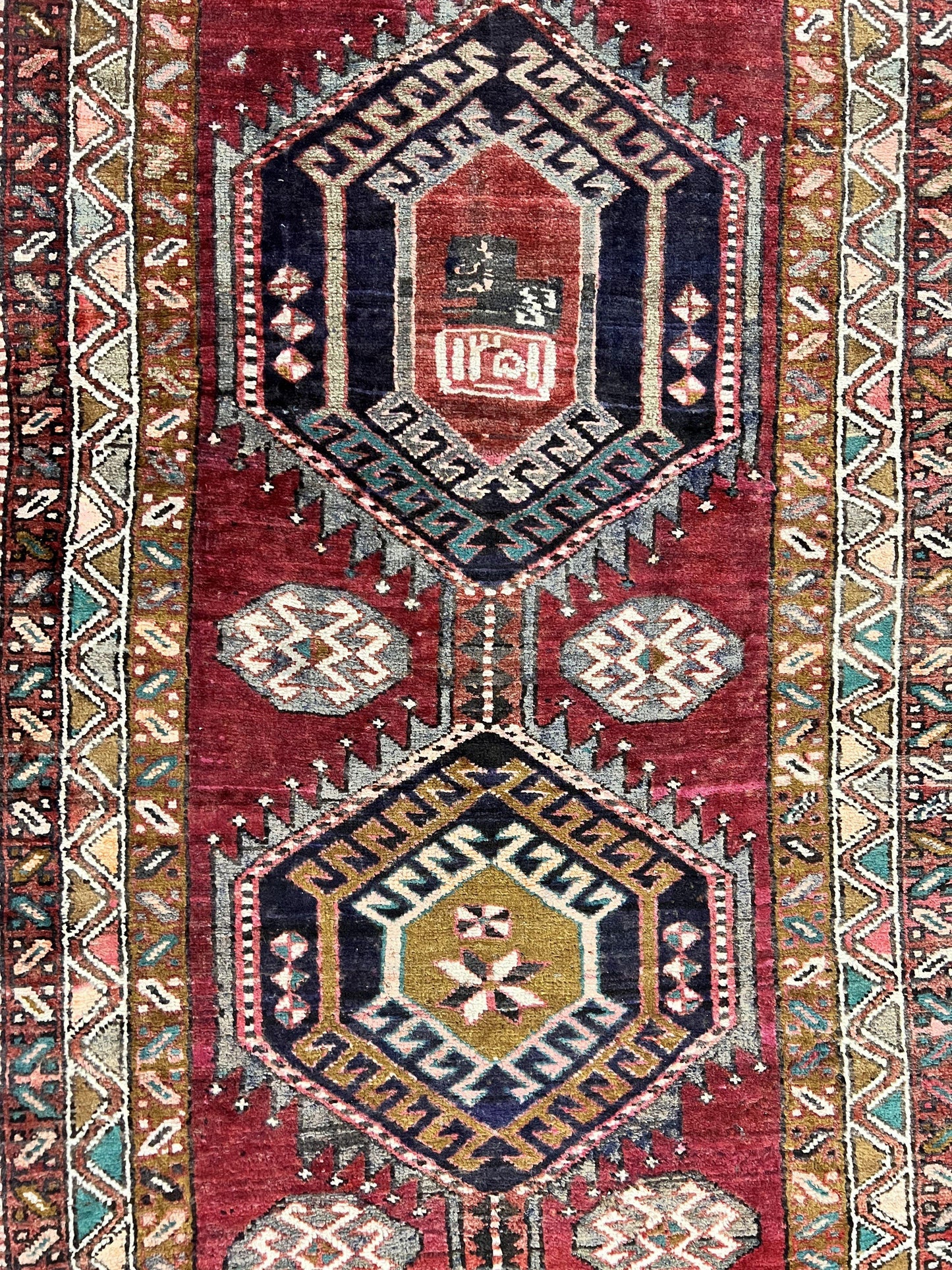 Persian Heriz Runner Rug 3.8 x 8.6, Geometric Design, Large Triple Medallions, Hand Knotted Handmade Vintage Wool Hallway Rug, Red