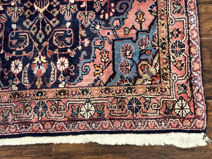 Persian Rug 3x5, Jozan Sarouk Rug, Navy Blue and Coral, Medallion Rug, Semi Antique