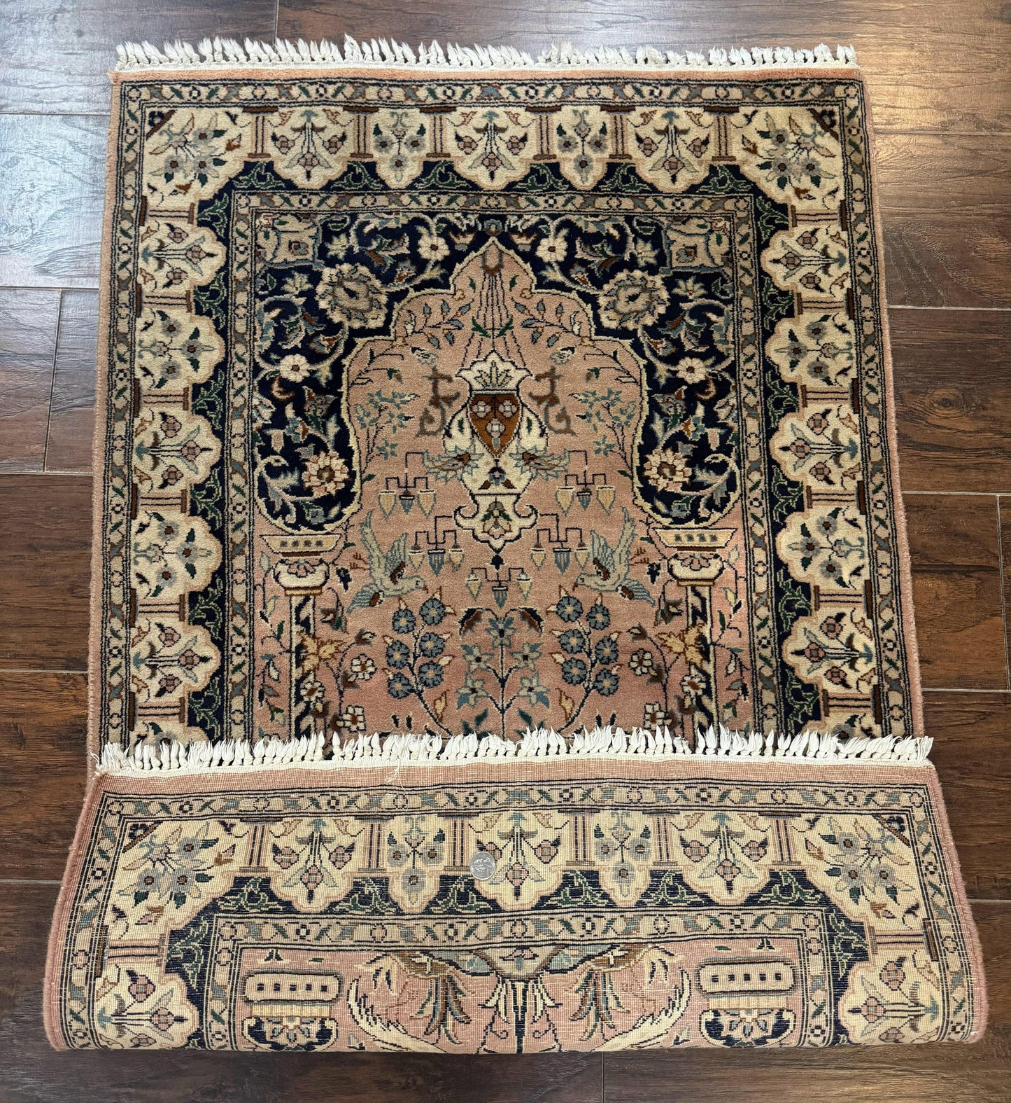 Tree Of Life Prayer Rug Handmade Persian Wool Two By Four Feet Vintage Style Birds Lantern