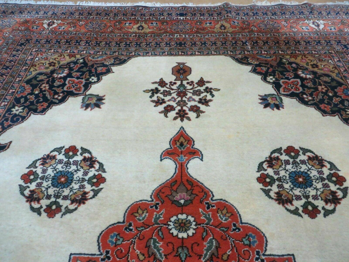 Indo Persian Rug 9x12 Hand Knotted Indian Oriental Wool Carpet Ivory Tomato Red Navy