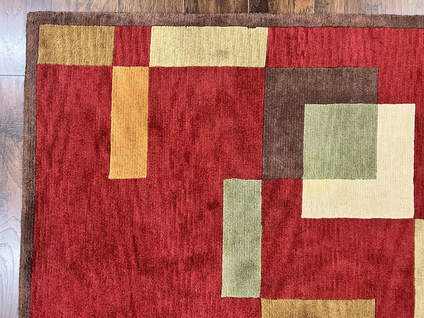 Indo Tibetan Modern Rug 5x8, Abstract Rug 5 x 8 ft, Red Multicolor Wool Handmade Contemporary Area Rug