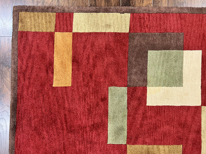 Indo Tibetan Modern Rug 5x8, Abstract Rug 5 x 8 ft, Red Multicolor Wool Handmade Contemporary Area Rug