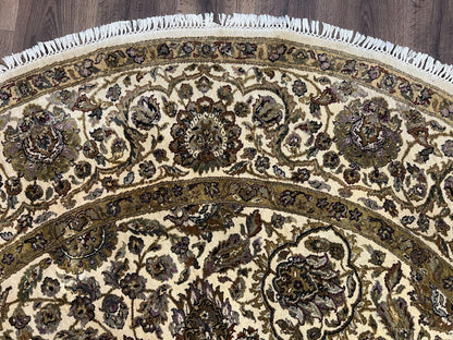 Round Indo Persian Rug 8 by 8 ft Hand Knotted Vintage Wool Circular Carpet Floral Medallion Cream and Green