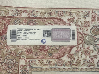 Long Turkish Silk Runner Rug 2.6 x 16.5, Hunting Design, Ivory, Bamboo Silk, New