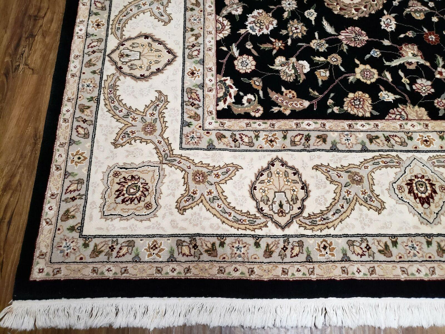 Vintage Wool Rug Oriental Floral Silk Highlights Black Handmade 8 Ft 5 In By 11 Ft 6 In