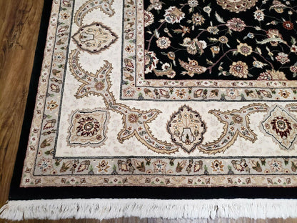 Vintage Wool Rug Oriental Floral Silk Highlights Black Handmade 8 Ft 5 In By 11 Ft 6 In