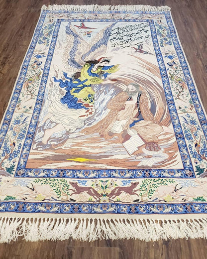 Semi Antique Persian Pictorial Rug 3'6" x 6", Angel Speaking to Prophet, Kork Wool on Silk Foundation, Detailed, Animals, Poetry, Wall Hanging Rug