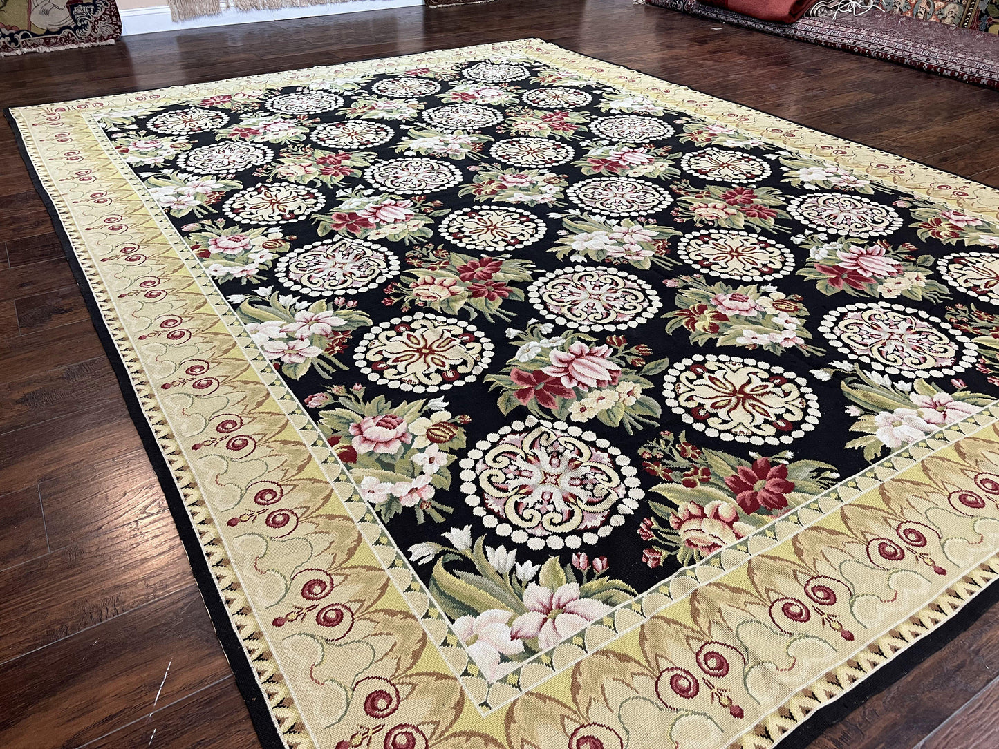 Black Wool Needlepoint Rug 9x12 Handwoven European Floral Panel Design Vintage Chinese