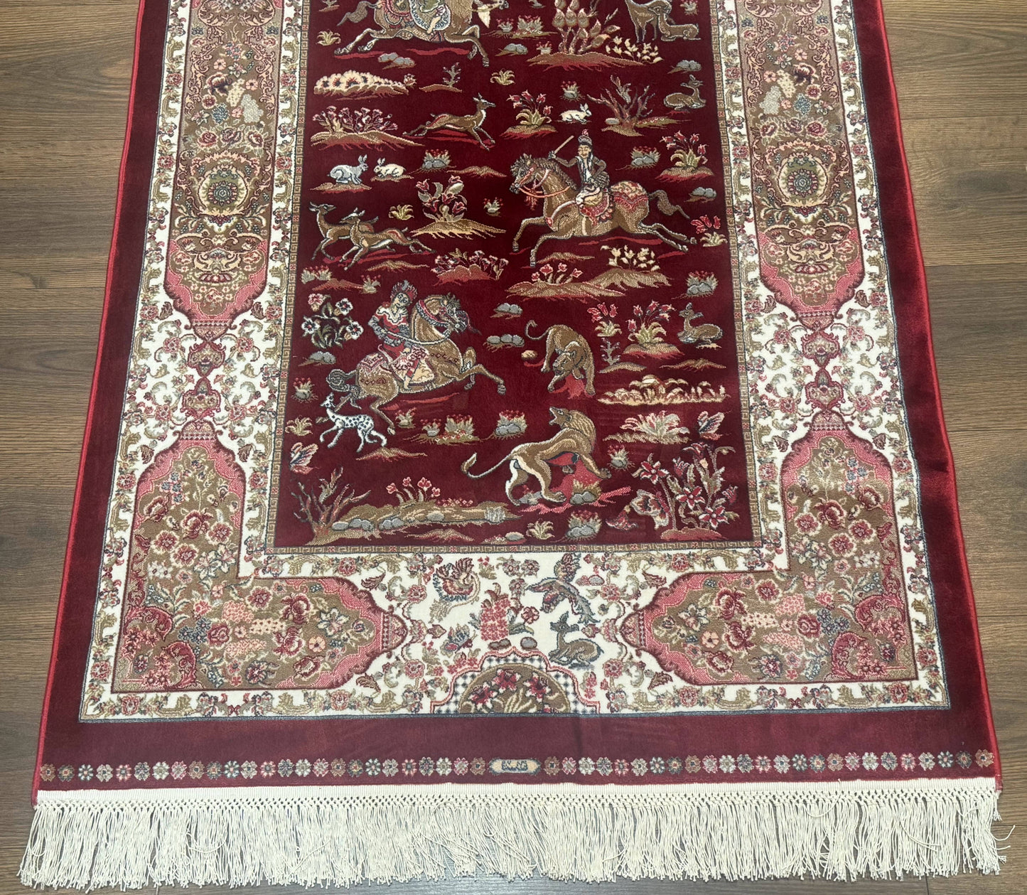 Turkish Silk Rug 3x5 Hunting Design Dark Red Ivory Bamboo Silk Area Rug