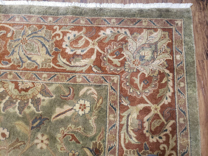 Vintage Indo Mahal Area Rug 9x12, Wool Hand-Knotted Laurel Green & Auburn Indian Carpet, 9 x 12 Floral Carpet, Living Room Rug
