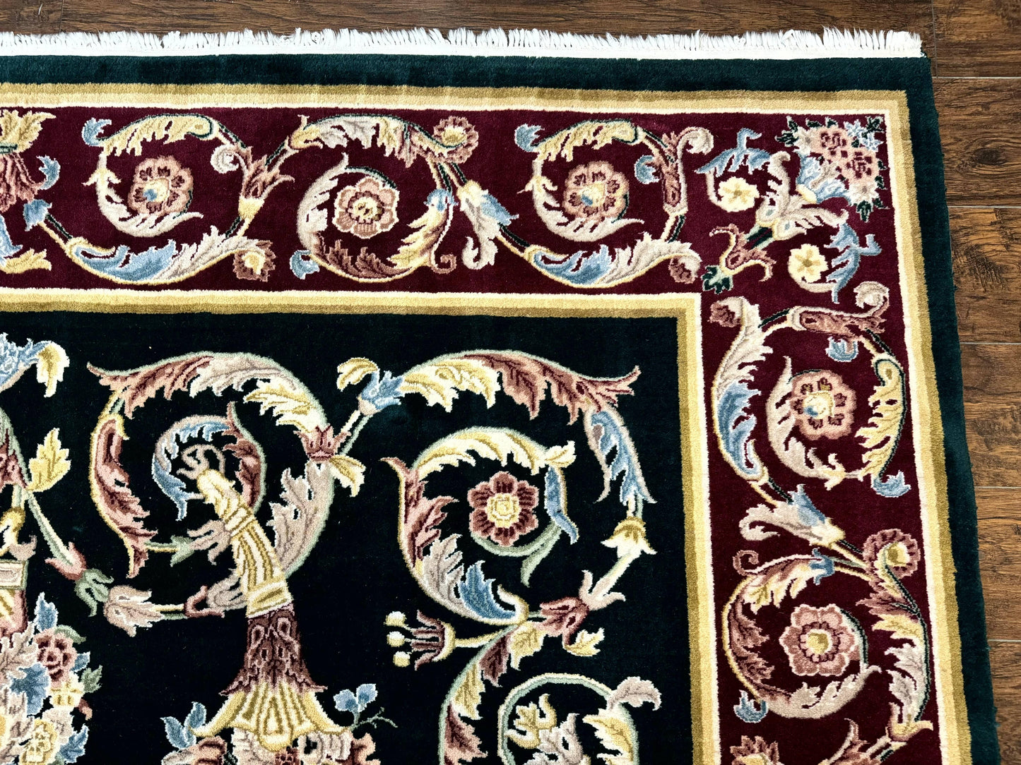 Aubusson Rug 9x12 Hand Knotted Wool Vintage European Design Dark Green Elegant Carpet